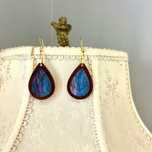 Blue & Purple Resin Teardrop Earrings with Wood Frame